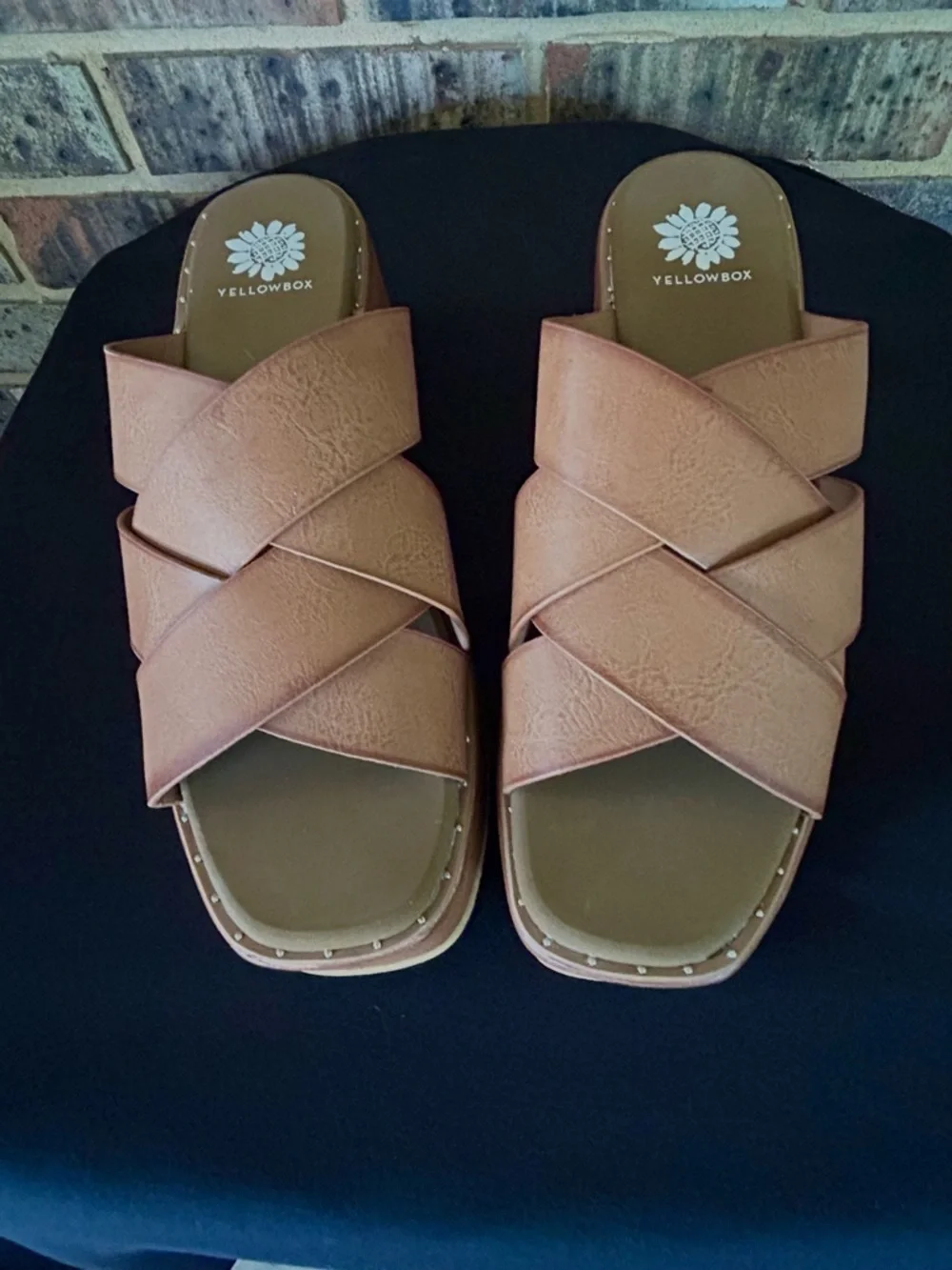 Yellow Box Women's Tan Crisscross Slide Sandals with Stud Trim - Picture 7 of 7